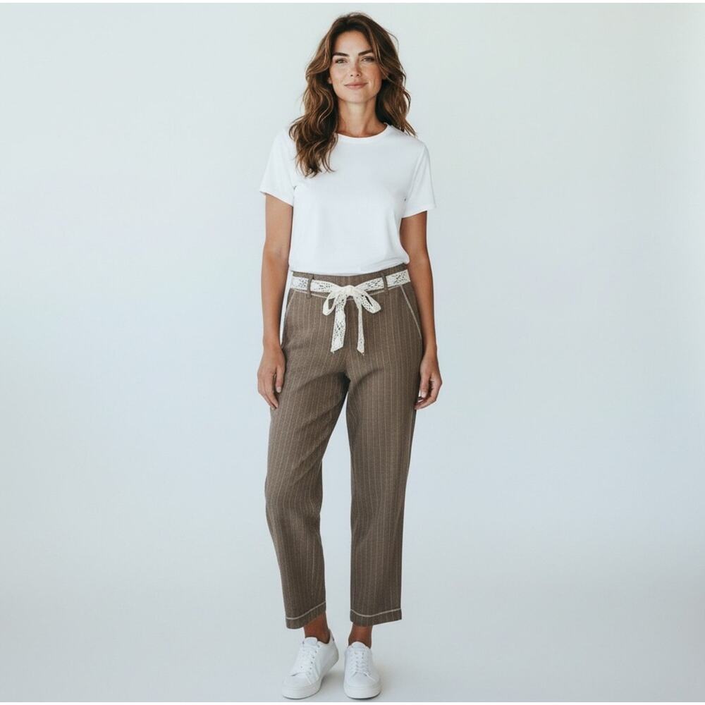 J.Jill Pinstripe Brown 100% Linen Belted Pants Women's Plus Size 14